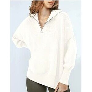 Anrabess Women XL White Oversized Sweater Long Sleeve Quarter Zip Pullover T3